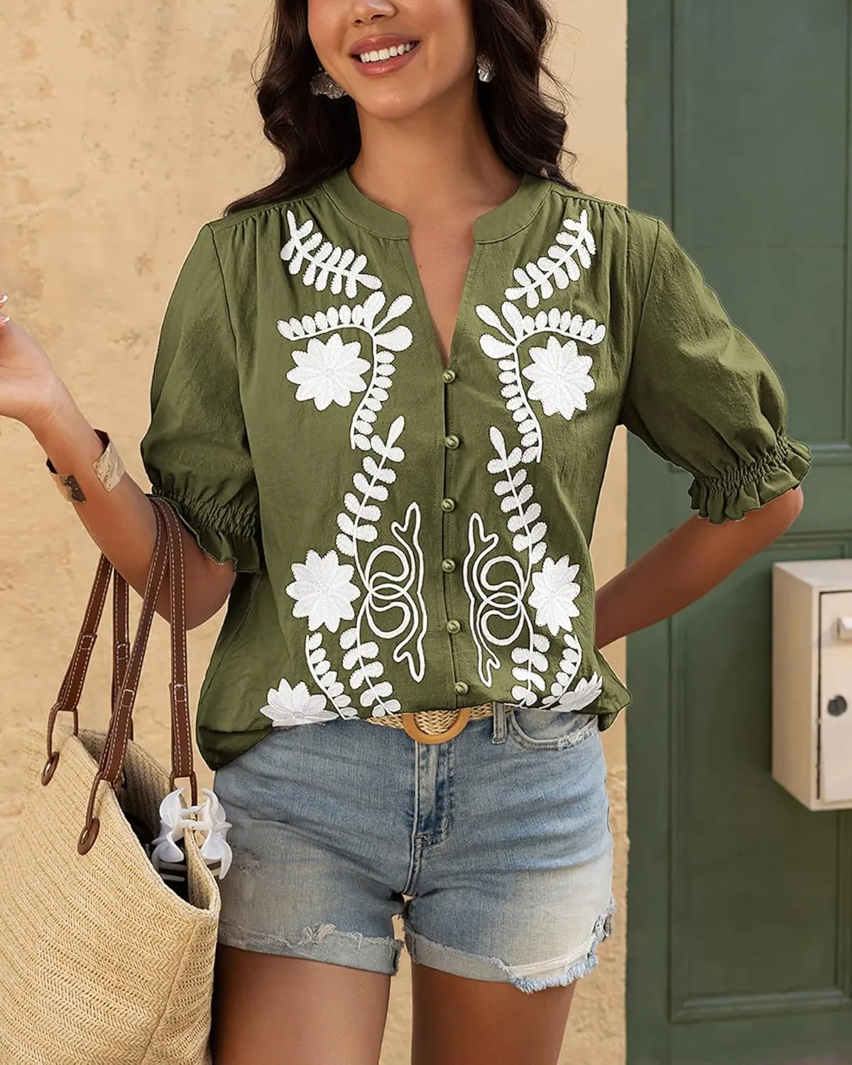 BTFBM Women's 2025 Summer Tops Casual Floral Boho V Neck Puff Short Sleeve Button Down Shirts Embroidered Blouses Tunic