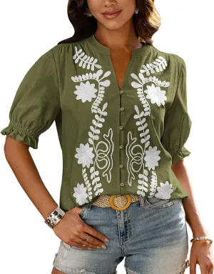 BTFBM Women's 2025 Summer Tops Casual Floral Boho V Neck Puff Short Sleeve Button Down Shirts Embroidered Blouses Tunic