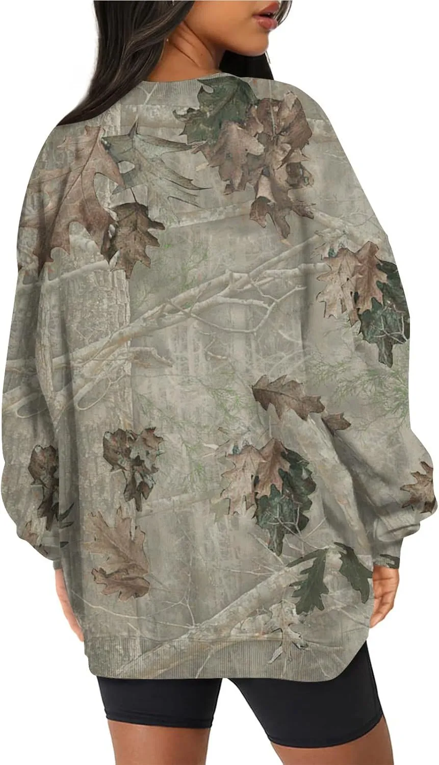 Camo Sweatshirt for Women Maple-Leaf Print Camo Crewneck Sweatshirts Long Sleeve Oversized Sweater Pullover Casual Tops