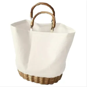 Canvas Rattan Wicker Hand Woven Bag Fashion Causal Tote Knitting Handbag Portable Shopping Bags for Women Ladies Beach Handbags
