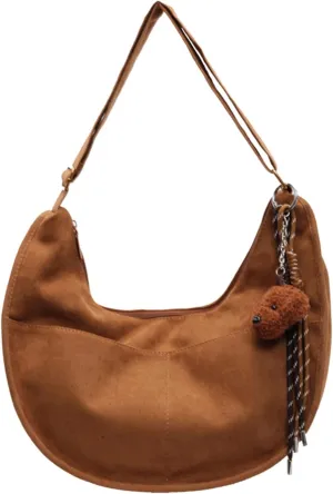 Casual Messenger with Cute Pendant Faux Suede Crossbody Bag with Accessories Bag Chic Shoulder Hobo Bag Travel Daypacks