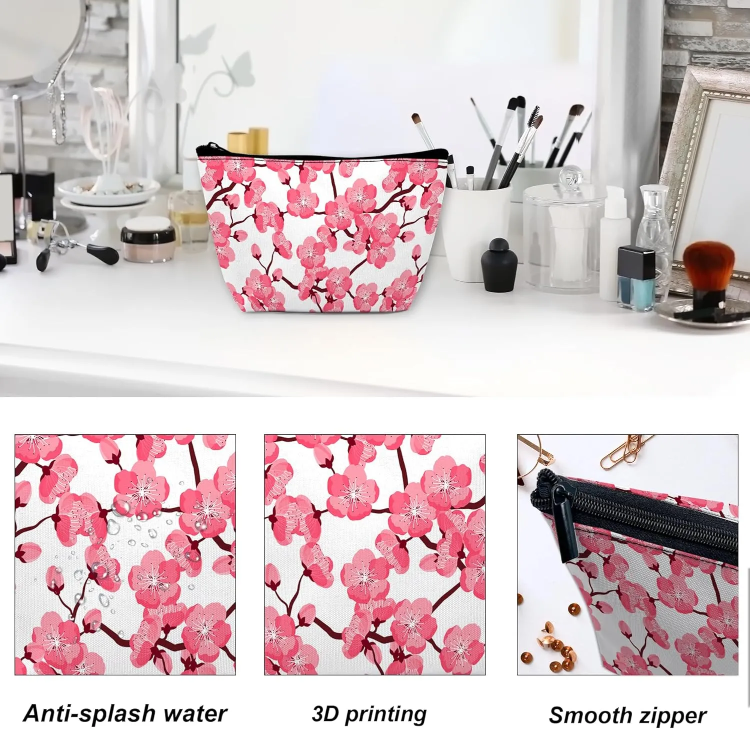 Cherry Blossom Makeup Bag for Purse, Waterproof Funny Japanese Pink Sakura Cosmetic Bag for Women, Zipper Travel Pouch Gift 9.55.9 Inch
