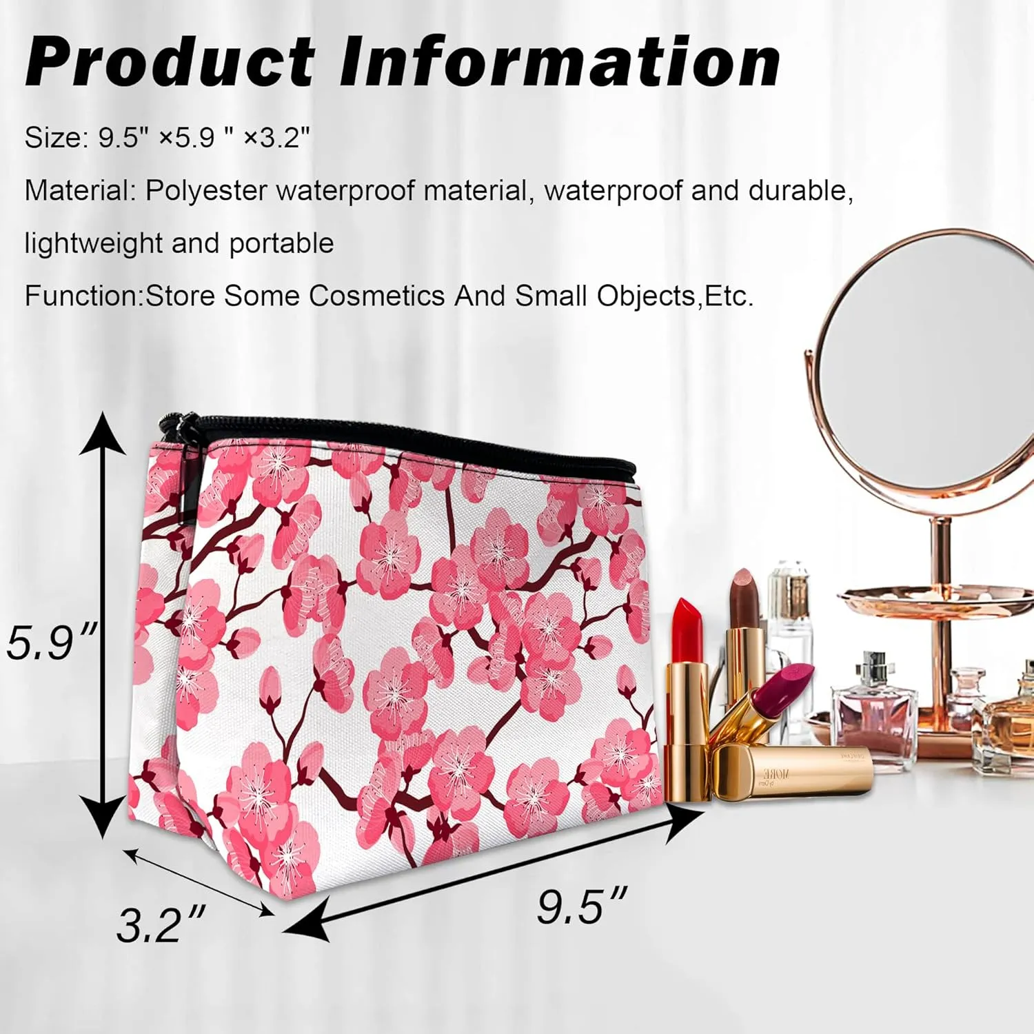 Cherry Blossom Makeup Bag for Purse, Waterproof Funny Japanese Pink Sakura Cosmetic Bag for Women, Zipper Travel Pouch Gift 9.55.9 Inch