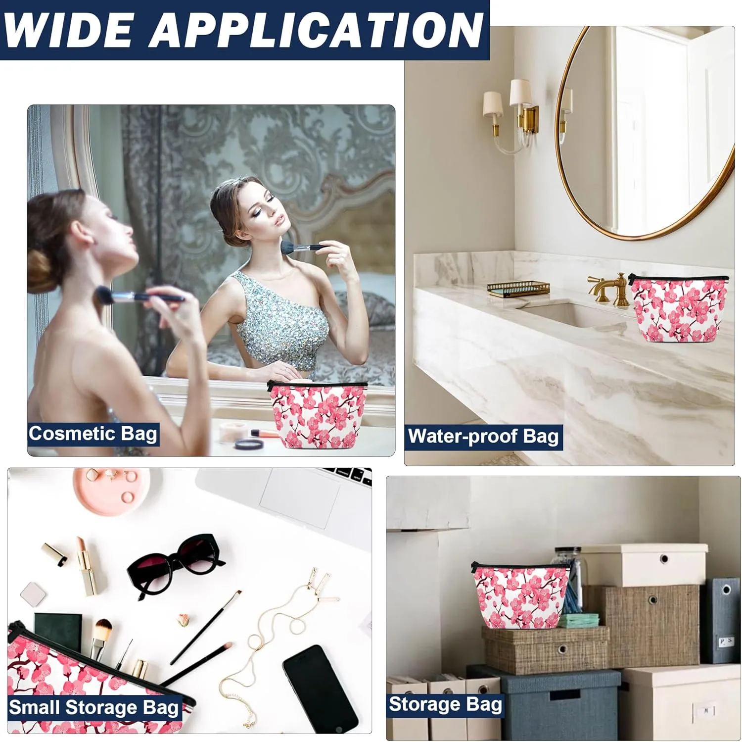 Cherry Blossom Makeup Bag for Purse, Waterproof Funny Japanese Pink Sakura Cosmetic Bag for Women, Zipper Travel Pouch Gift 9.55.9 Inch