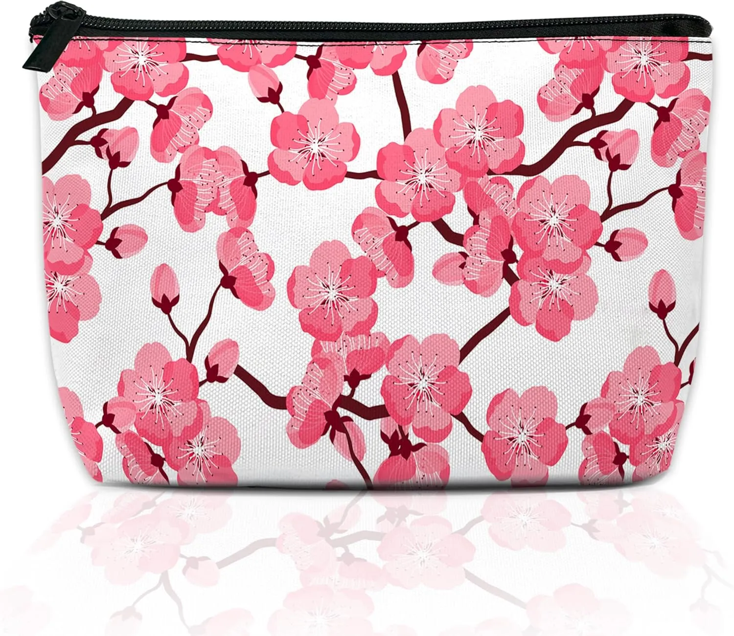 Cherry Blossom Makeup Bag for Purse, Waterproof Funny Japanese Pink Sakura Cosmetic Bag for Women, Zipper Travel Pouch Gift 9.55.9 Inch
