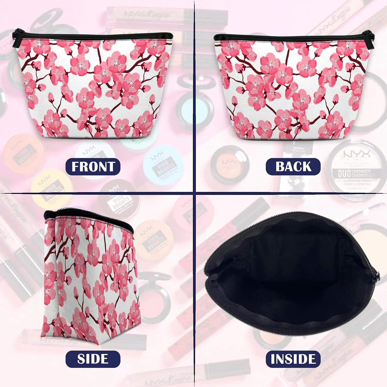 Cherry Blossom Makeup Bag for Purse, Waterproof Funny Japanese Pink Sakura Cosmetic Bag for Women, Zipper Travel Pouch Gift 9.55.9 Inch
