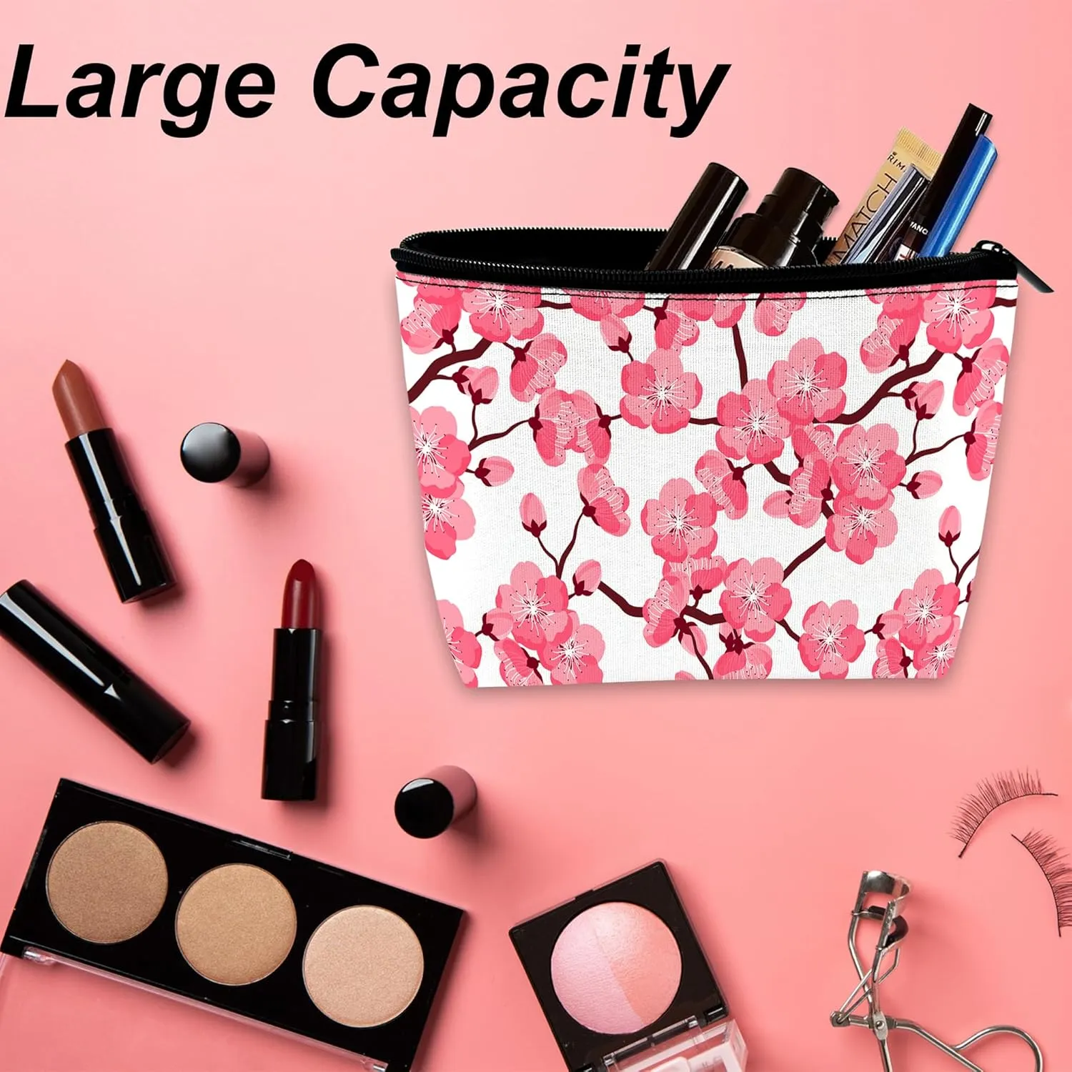 Cherry Blossom Makeup Bag for Purse, Waterproof Funny Japanese Pink Sakura Cosmetic Bag for Women, Zipper Travel Pouch Gift 9.55.9 Inch