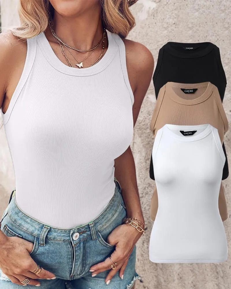 CHICME 3 Piece Womens Tank Tops Sleeveless Basic Cami Shirt Slim Knit Ribbed Racerback Blouses