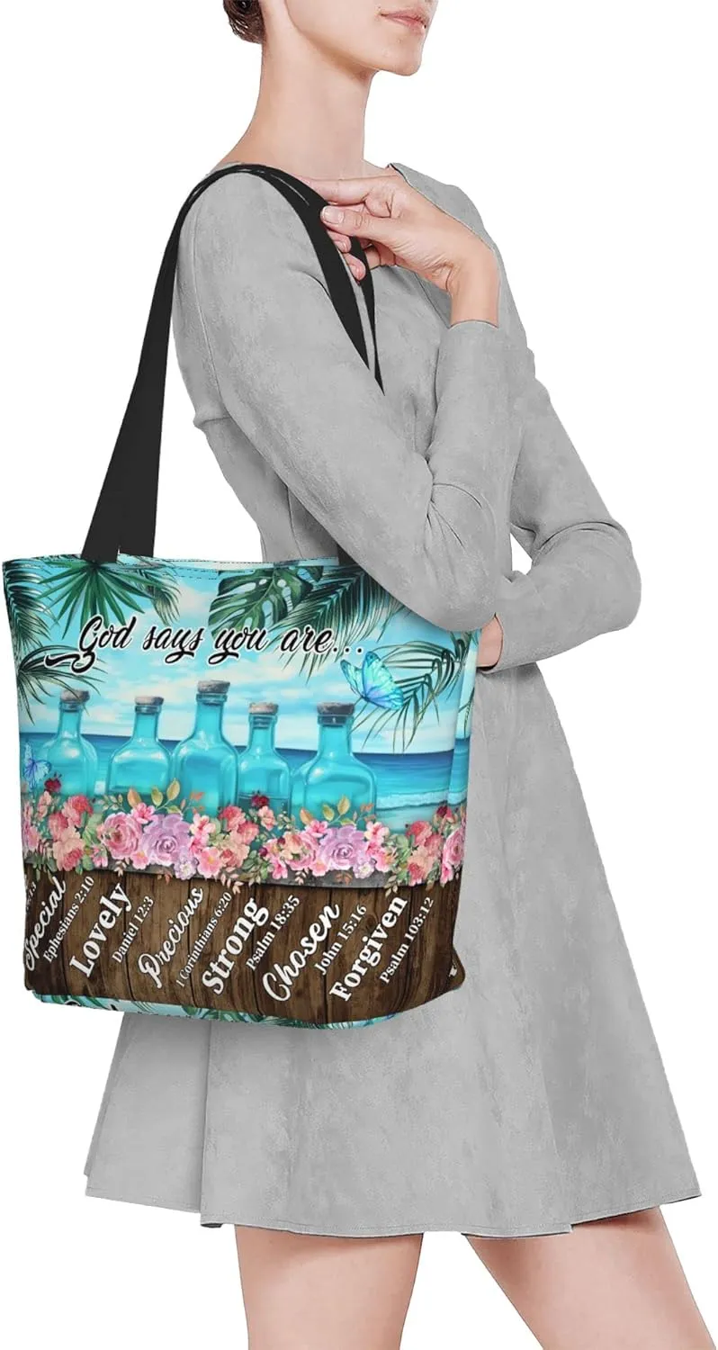 Christian Gifts Reusable Shopping Tote Bag Zippered Inspirational Tote Bags for Women Bible Verse Shoulder Bag