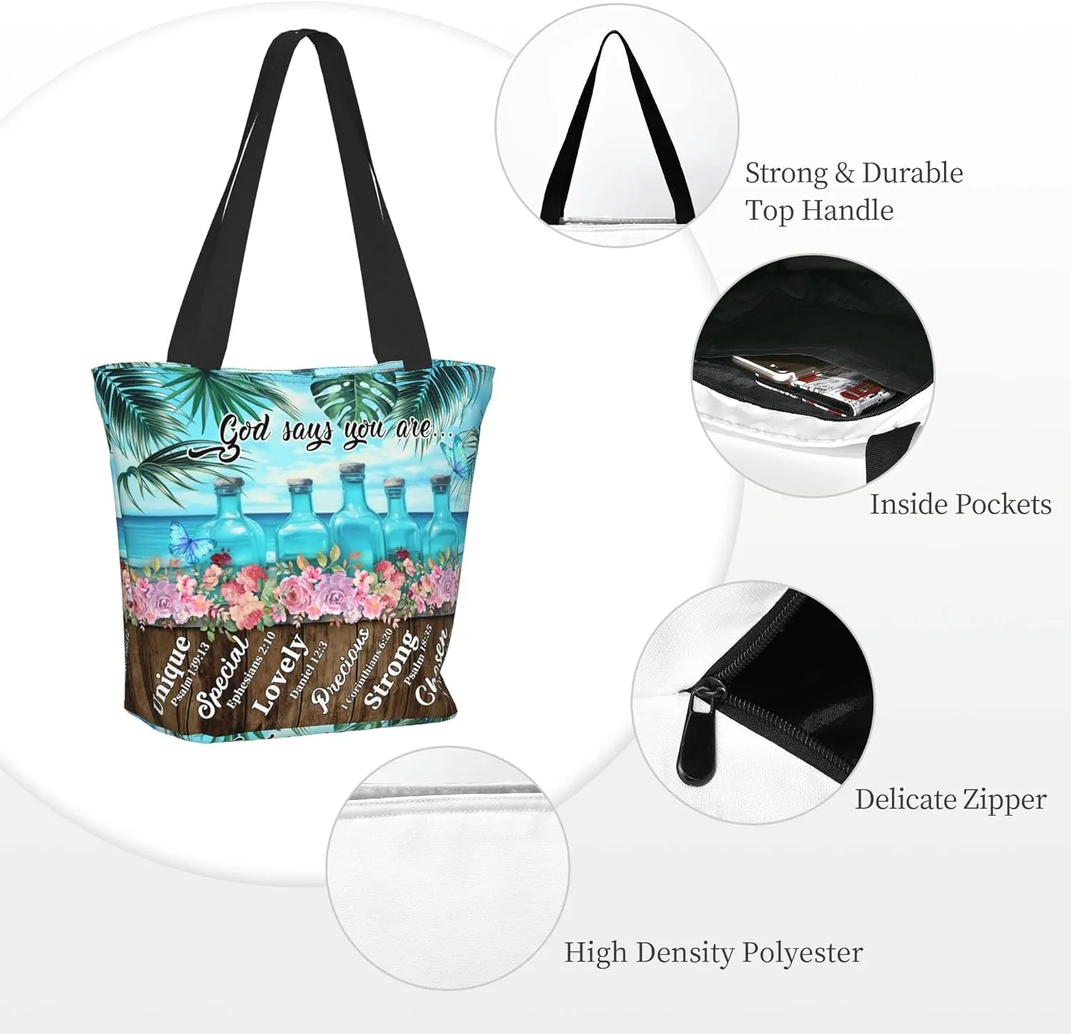 Christian Gifts Reusable Shopping Tote Bag Zippered Inspirational Tote Bags for Women Bible Verse Shoulder Bag