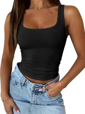 Cioatin Women Sleeveless Strappy U Scoop Neck Crop Tank Tops Y2K Ribbed Tight Fit Summer Workout Going Out Cami Shirt