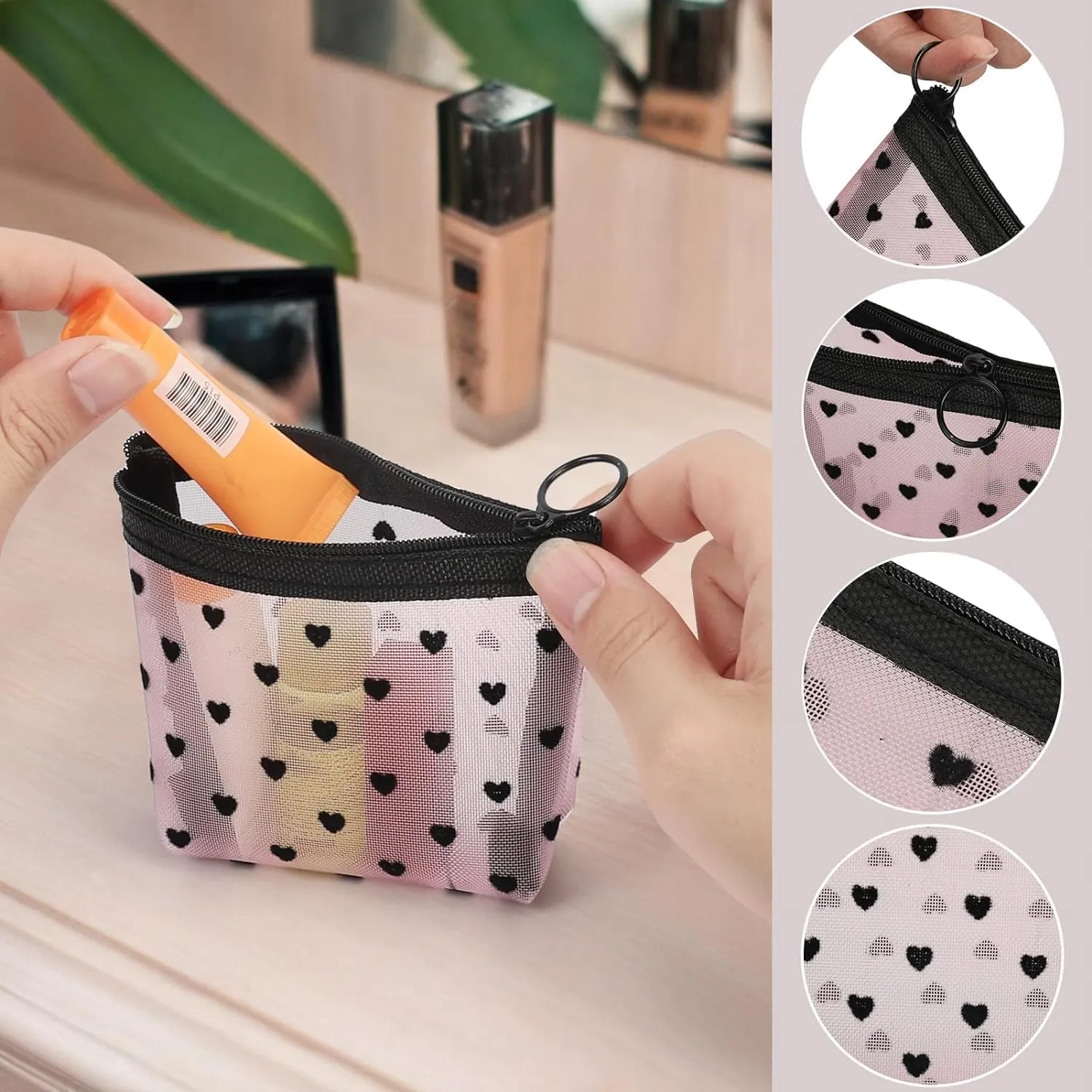 Classycoo 4 Pack Mini Zipper Mesh Bags, Multicolor, 3" x 4.3", Nylon, Cosmetic Case, Makeup, Travel, Accessories