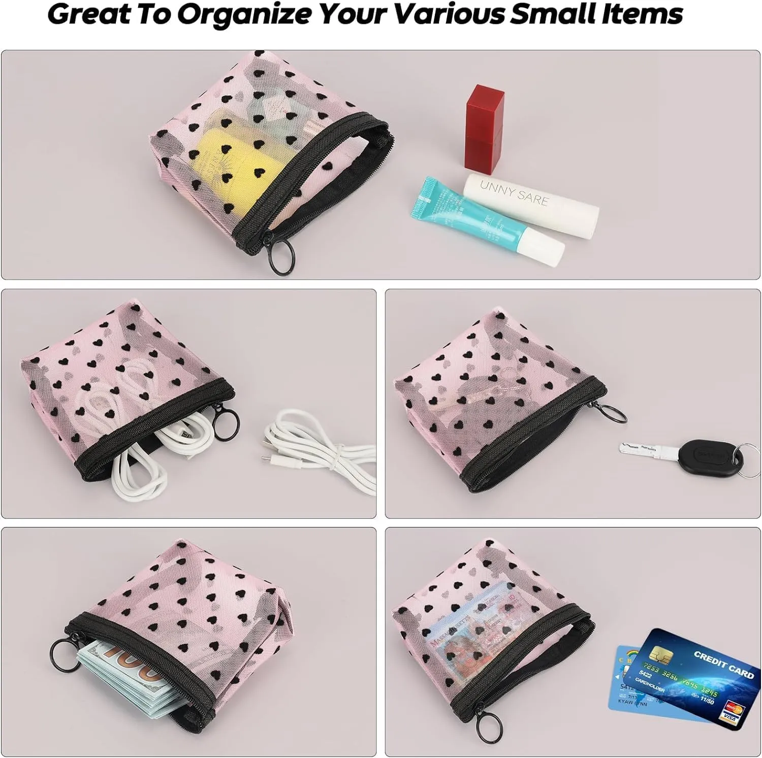 Classycoo 4 Pack Mini Zipper Mesh Bags, Multicolor, 3" x 4.3", Nylon, Cosmetic Case, Makeup, Travel, Accessories