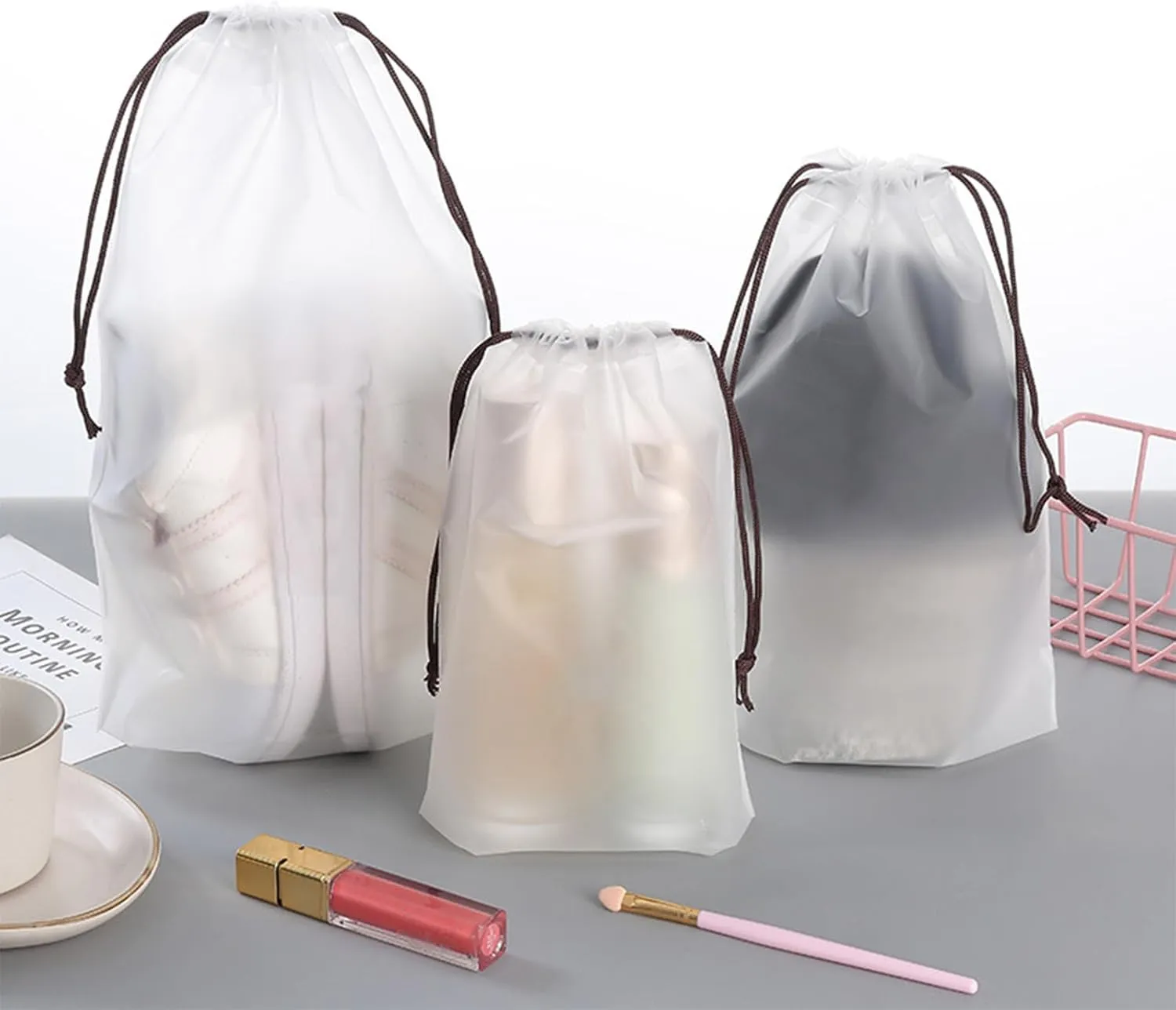 Clear PEVA Drawstring Bags - 16"x20" / 40x50cm (25 Pcs) - Waterproof Nylon Rope Pouches for Travel & Storage
