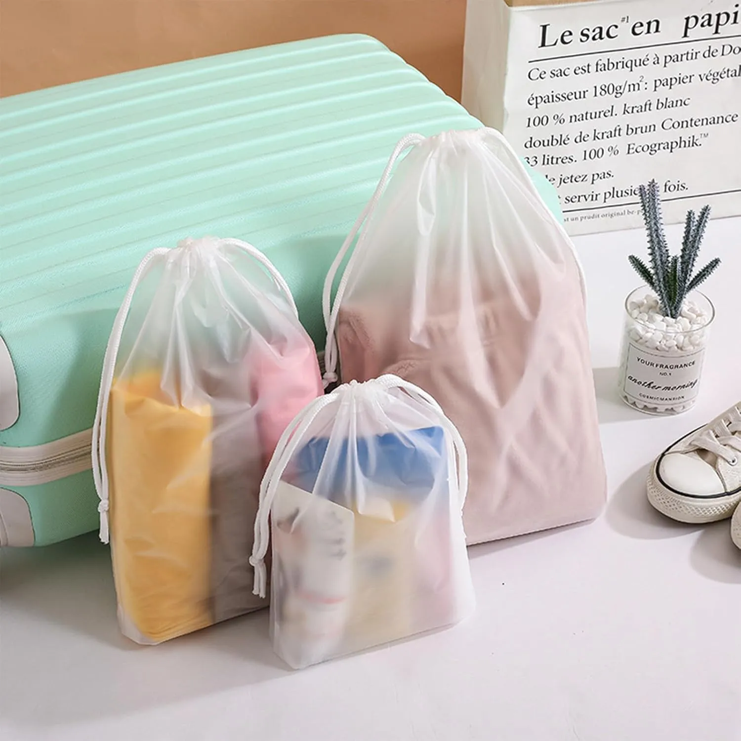 Clear PEVA Drawstring Bags - 16"x20" / 40x50cm (25 Pcs) - Waterproof Nylon Rope Pouches for Travel & Storage