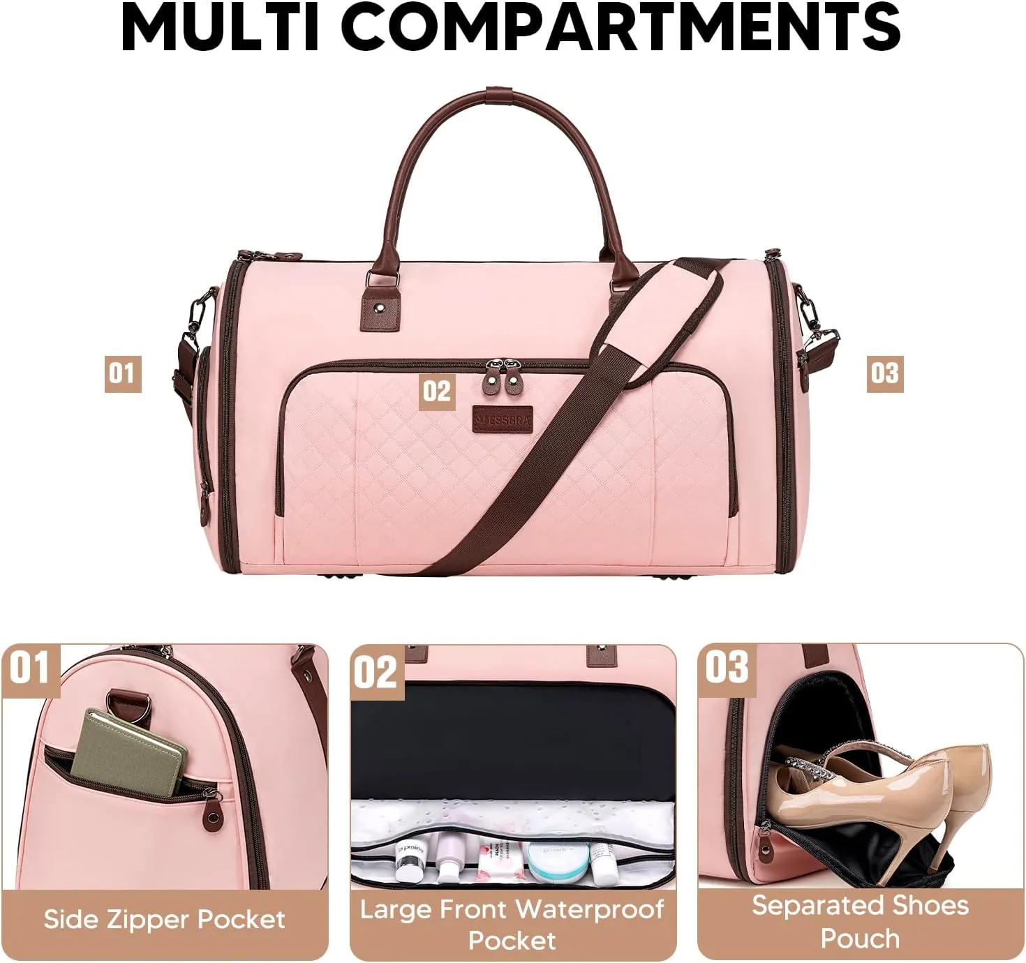 Convertible Garment Bags for Travel, Carry On Garment Duffle Bags for Women, Garment Bag with Shoes Compartment, 2 in 1 Travel Suit Bag with Detachable Shoulder Strap-Pink