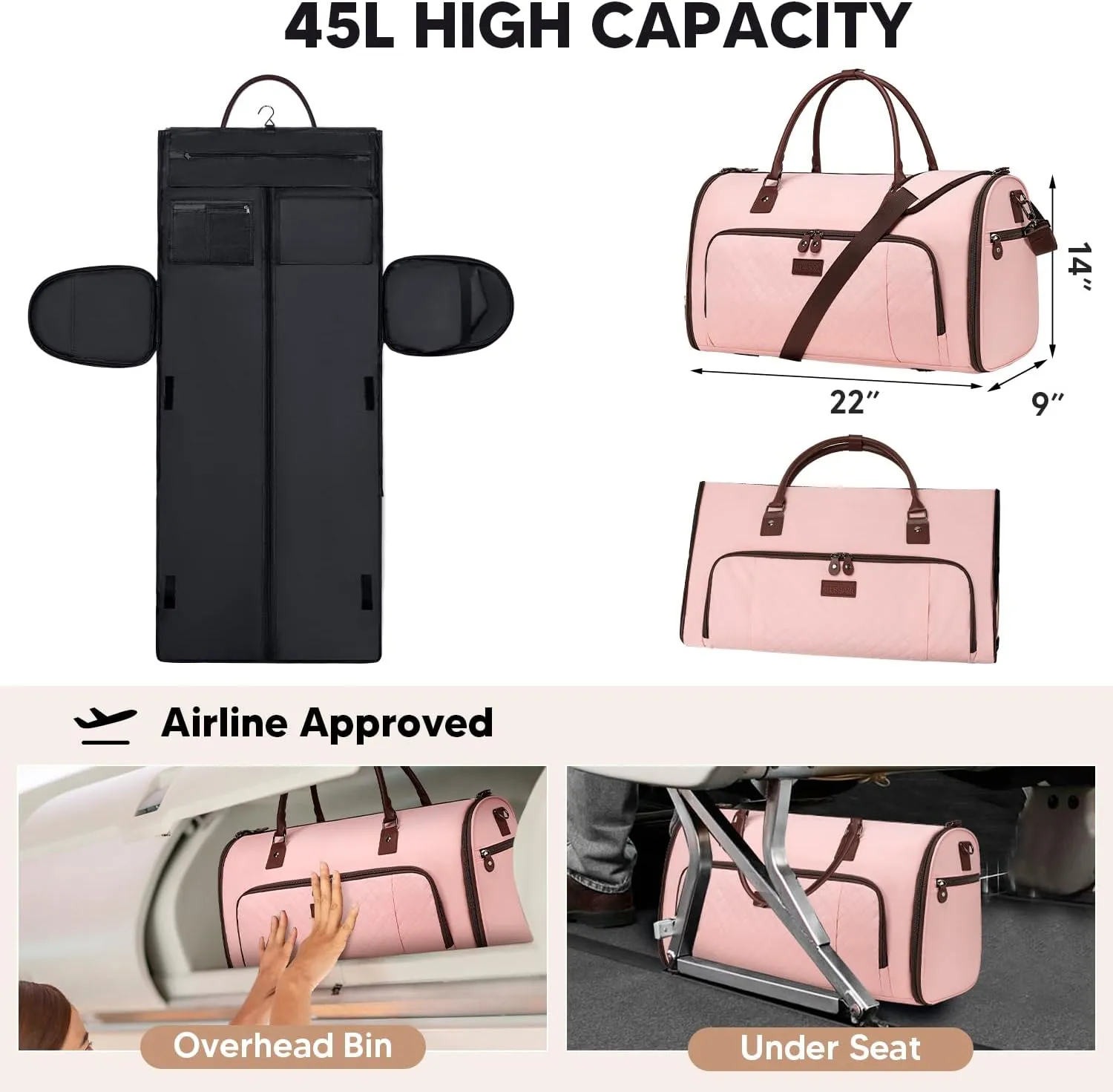 Convertible Garment Bags for Travel, Carry On Garment Duffle Bags for Women, Garment Bag with Shoes Compartment, 2 in 1 Travel Suit Bag with Detachable Shoulder Strap-Pink