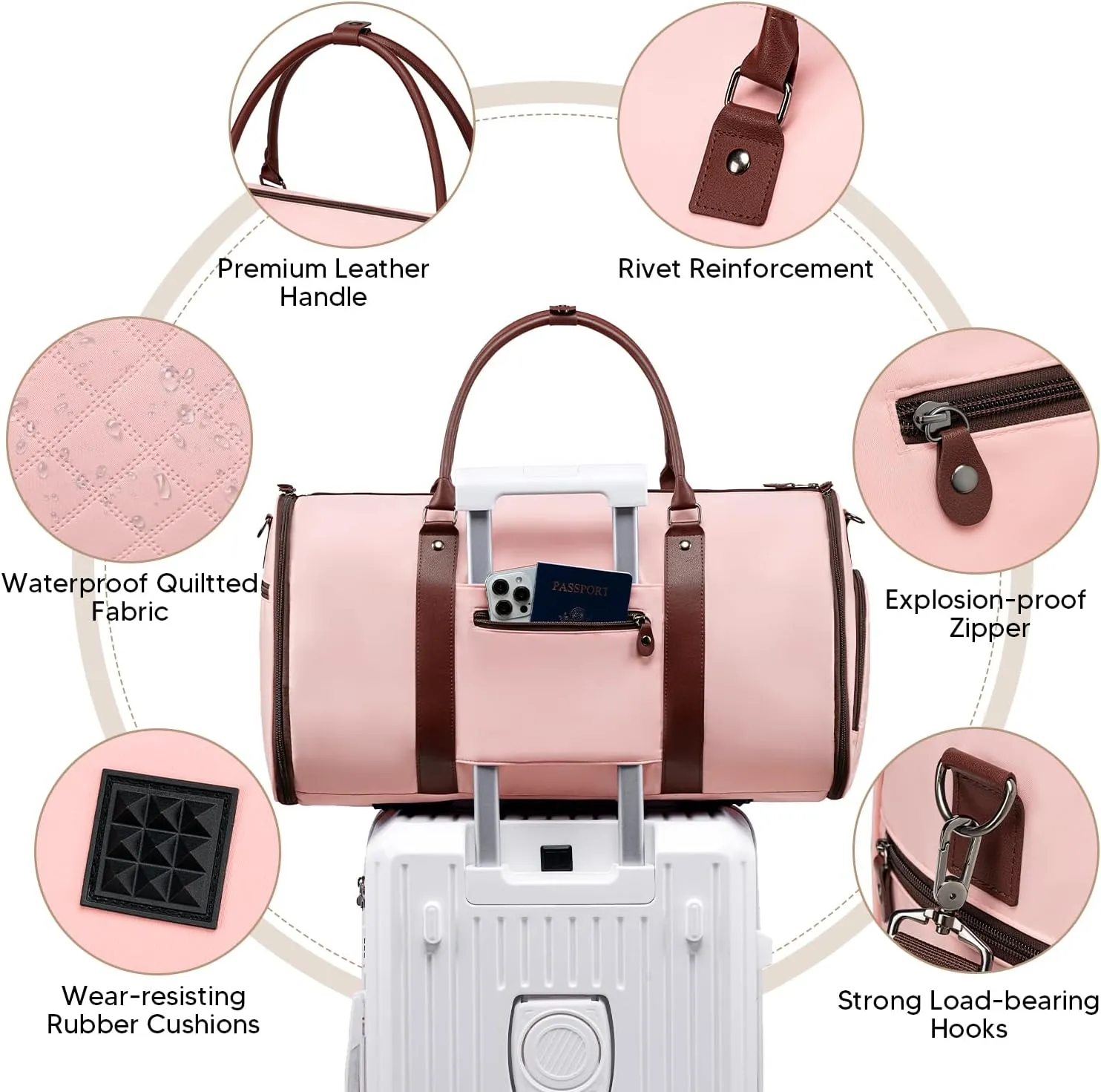 Convertible Garment Bags for Travel, Carry On Garment Duffle Bags for Women, Garment Bag with Shoes Compartment, 2 in 1 Travel Suit Bag with Detachable Shoulder Strap-Pink