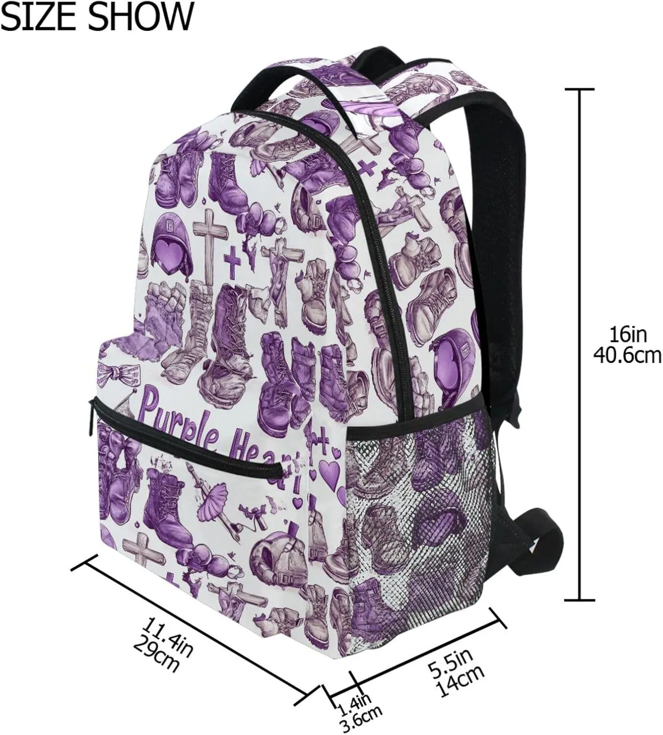 Cool Backpacks for Teens Boys Girls Waterproof Stylish Travel Bags with Chest Strap for Business Work College Travel Trip Purple Heart Day Muddy Army Shoes Helmets Crosses Flags
