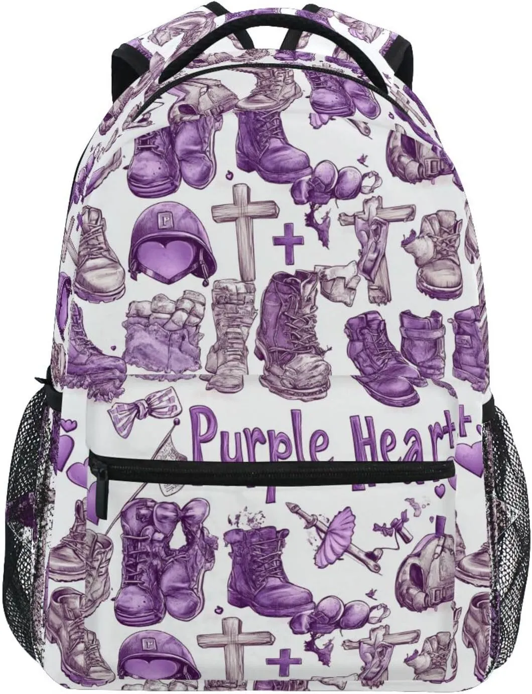 Cool Backpacks for Teens Boys Girls Waterproof Stylish Travel Bags with Chest Strap for Business Work College Travel Trip Purple Heart Day Muddy Army Shoes Helmets Crosses Flags