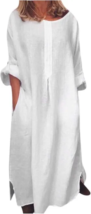 Cotton Linen Dress for Women,2023 Spring Summer Maxi Dress,Ladies Plus Size Boho Beach Flowy Long Dress with Pockets,Casual Trendy Elegant Sleeveless Sundress for Holiday Resort Wear(F-White,L)