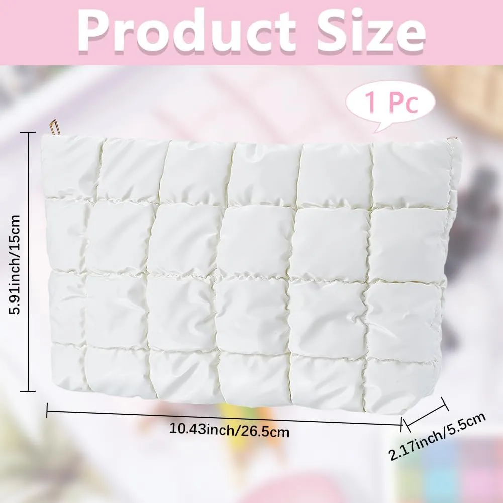 CREATCABIN Puffy Makeup Bag Cosmetic Bag Leather Travel Make Up Bag Toiletry Bag Pouch Purse Lightweight Portable Washable Large Capacity Storage Organizer with Zipper for Women 10.4x5.9 Inch White