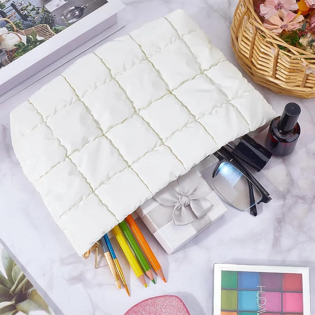 CREATCABIN Puffy Makeup Bag Cosmetic Bag Leather Travel Make Up Bag Toiletry Bag Pouch Purse Lightweight Portable Washable Large Capacity Storage Organizer with Zipper for Women 10.4x5.9 Inch White