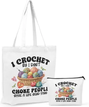 Crochet Knitting Supplies Canvas Tote Bag Makeup Bag Set, Crochet Accessories Gifts for Women Grocery Cosmetic Bags