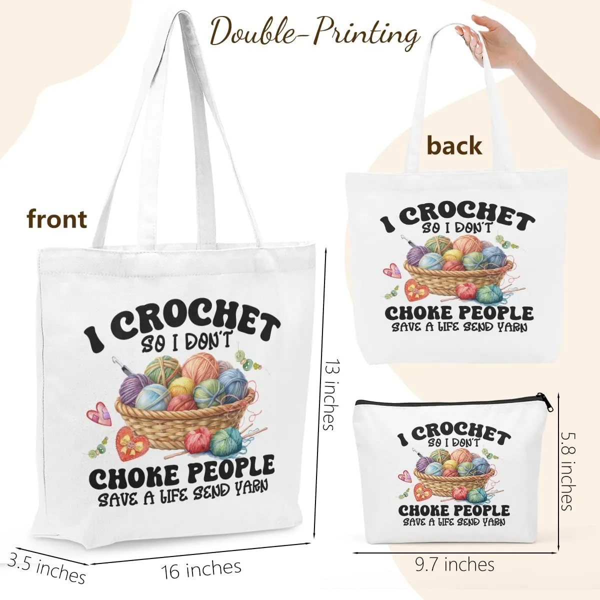 Crochet Knitting Supplies Canvas Tote Bag Makeup Bag Set, Crochet Accessories Gifts for Women Grocery Cosmetic Bags
