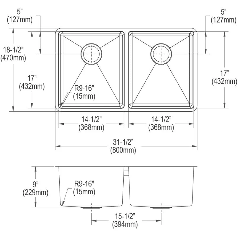 Crosstown 18.5" x 31.5" x 9" Stainless Steel Double-Basin Undermount Kitchen Sink Kit
