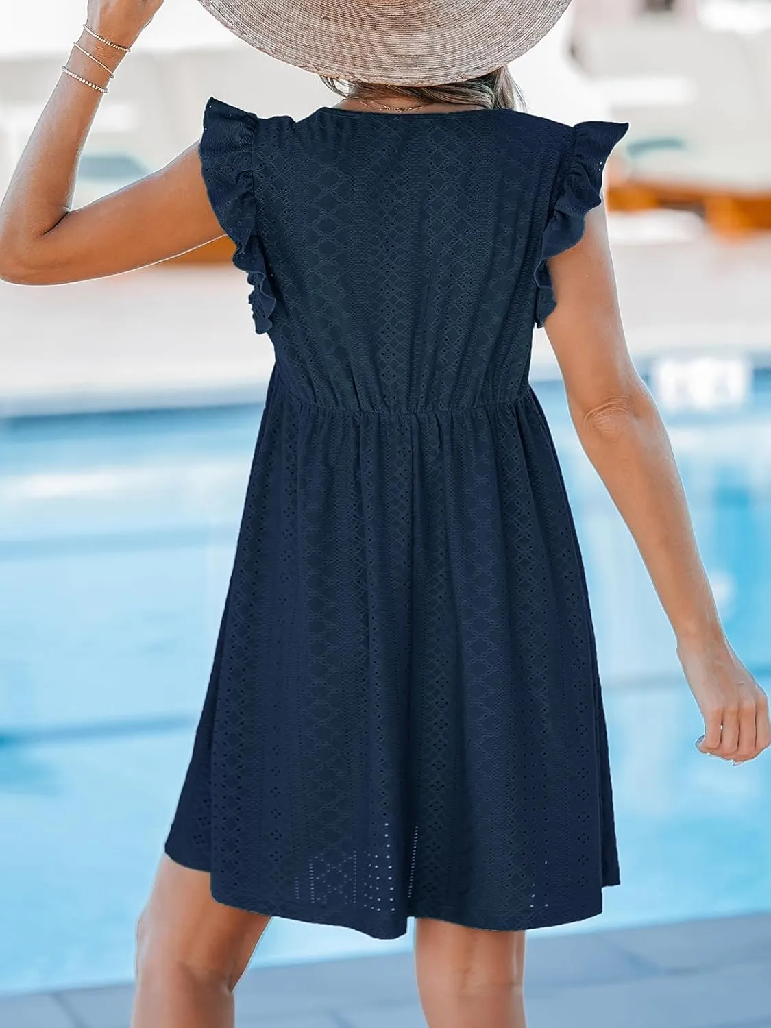 CUPSHE Beach Dress V Neck Cap Flutter Sleeve Lace Hollow Out Pleated Summer Mini Cover Up Dress