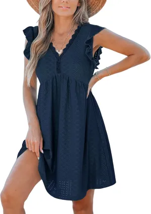 CUPSHE Beach Dress V Neck Cap Flutter Sleeve Lace Hollow Out Pleated Summer Mini Cover Up Dress