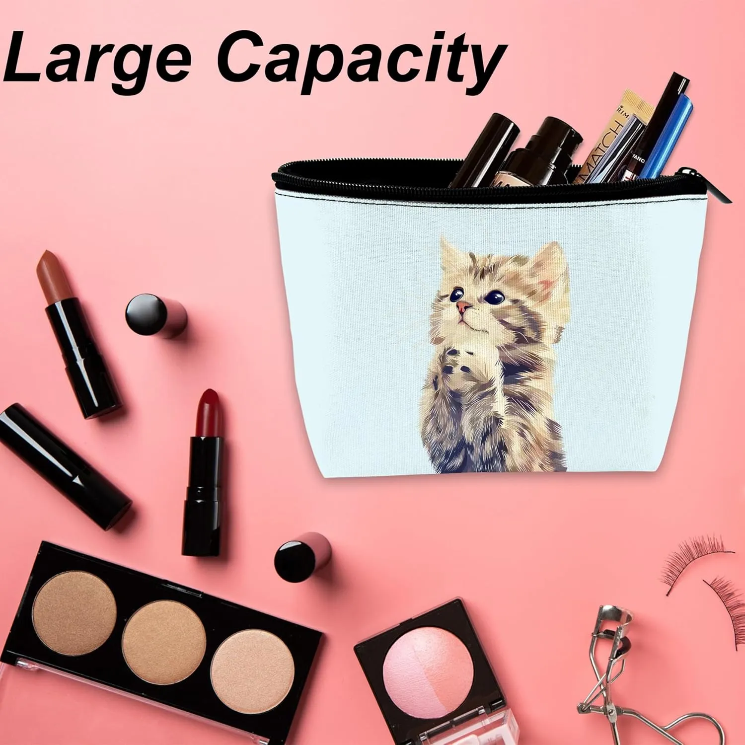 Cute Cat Makeup Bag for Purse, Waterproof Funny Watercolor Cosmetic Bag for Women, Zipper Travel Toiletry Pouch Gift 9.55.9 Inch