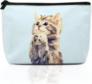 Cute Cat Makeup Bag for Purse, Waterproof Funny Watercolor Cosmetic Bag for Women, Zipper Travel Toiletry Pouch Gift 9.55.9 Inch
