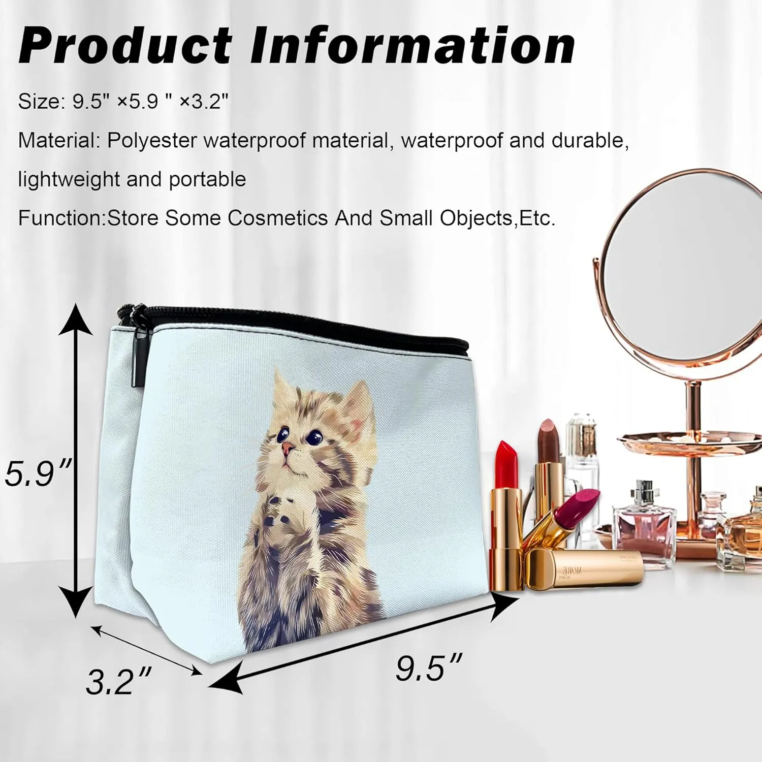Cute Cat Makeup Bag for Purse, Waterproof Funny Watercolor Cosmetic Bag for Women, Zipper Travel Toiletry Pouch Gift 9.55.9 Inch