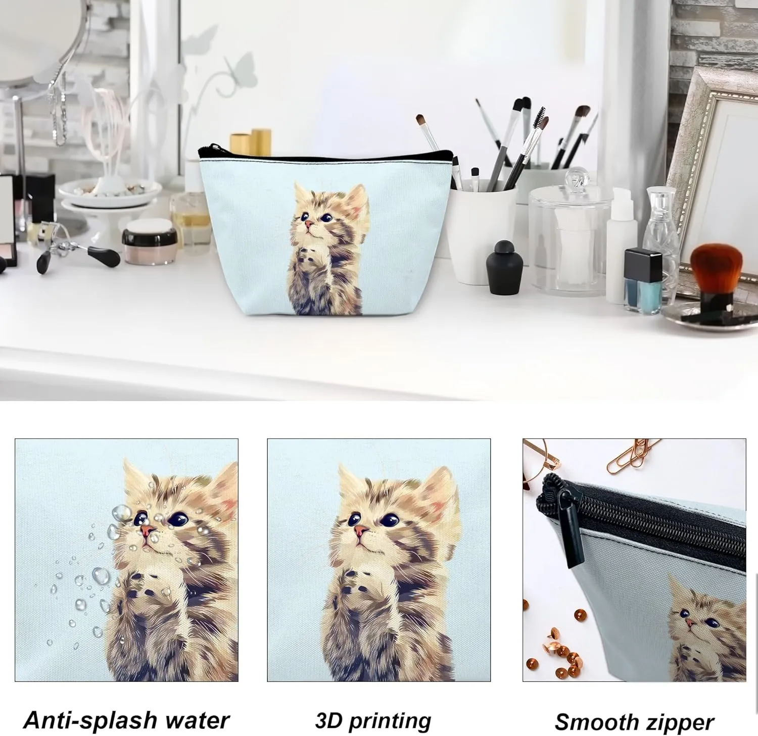 Cute Cat Makeup Bag for Purse, Waterproof Funny Watercolor Cosmetic Bag for Women, Zipper Travel Toiletry Pouch Gift 9.55.9 Inch