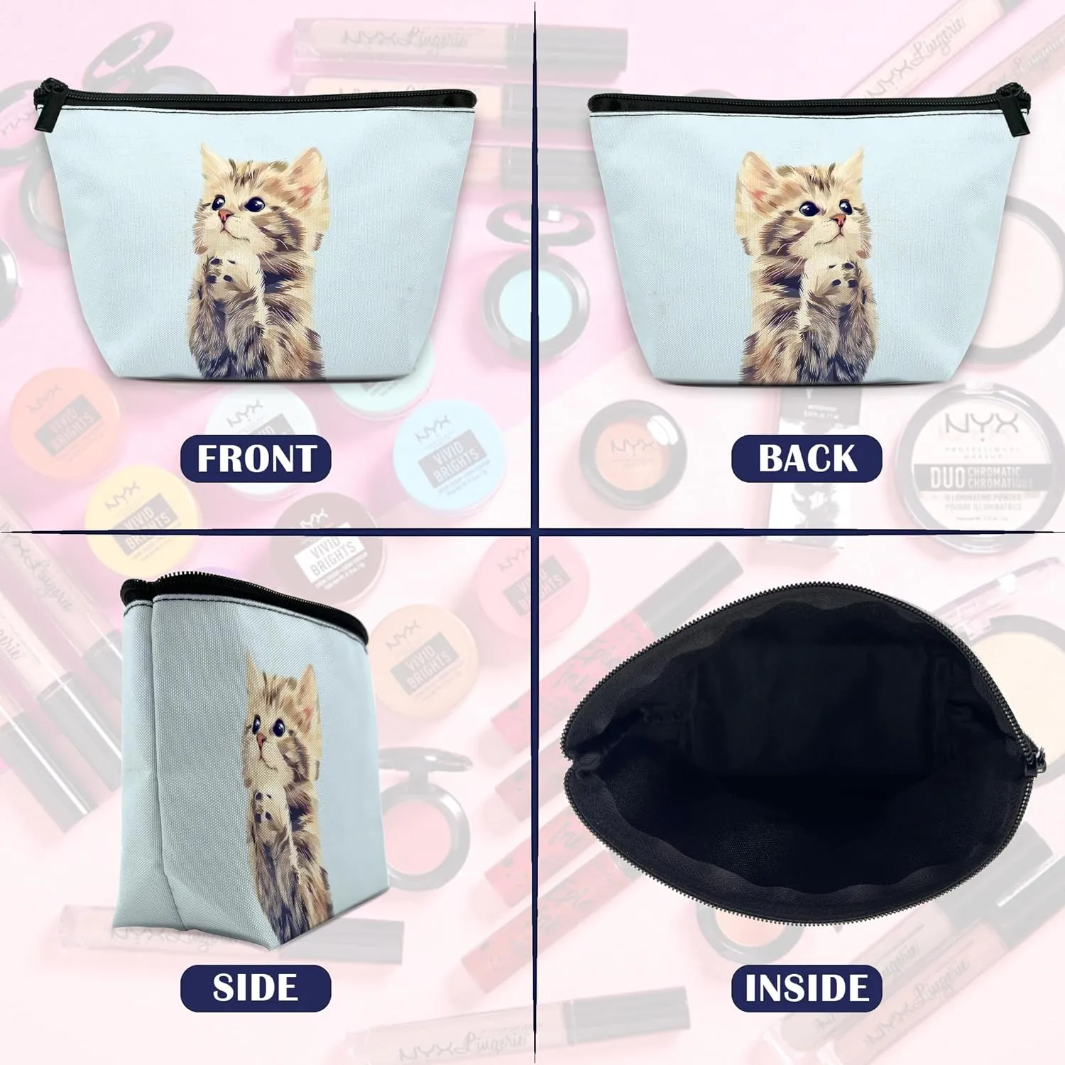Cute Cat Makeup Bag for Purse, Waterproof Funny Watercolor Cosmetic Bag for Women, Zipper Travel Toiletry Pouch Gift 9.55.9 Inch