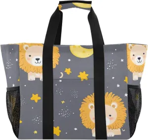 Cute Lion Large Beach Bags for Women & Men,Waterproof Sandproof Beach Tote Swim Pool Bag for Pool Gym Grocery Travel