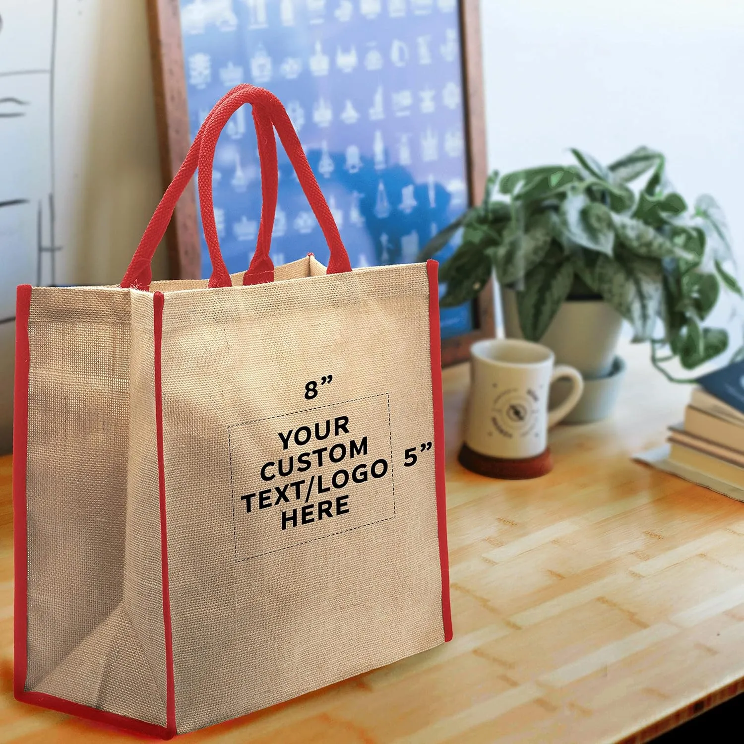 DISCOUNT PROMOS Custom Fresno Eco Friendly Jute Tote Bags Set of 50, Personalized Bulk Pack - Reusable, Great for Tradeshows, Grocery, Shopping and Outdoor Events - Red
