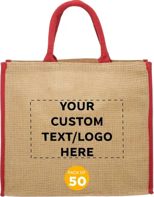 DISCOUNT PROMOS Custom Fresno Eco Friendly Jute Tote Bags Set of 50, Personalized Bulk Pack - Reusable, Great for Tradeshows, Grocery, Shopping and Outdoor Events - Red