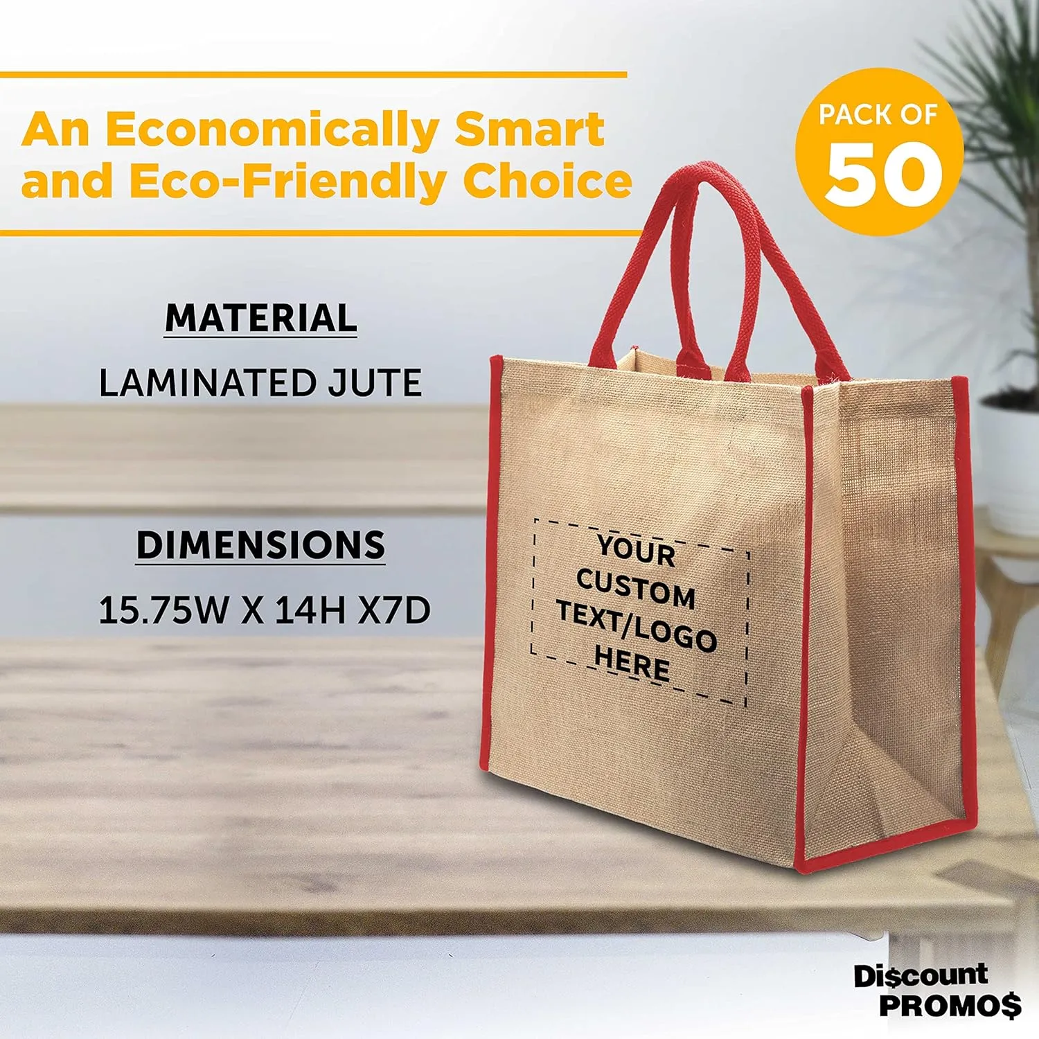 DISCOUNT PROMOS Custom Fresno Eco Friendly Jute Tote Bags Set of 50, Personalized Bulk Pack - Reusable, Great for Tradeshows, Grocery, Shopping and Outdoor Events - Red