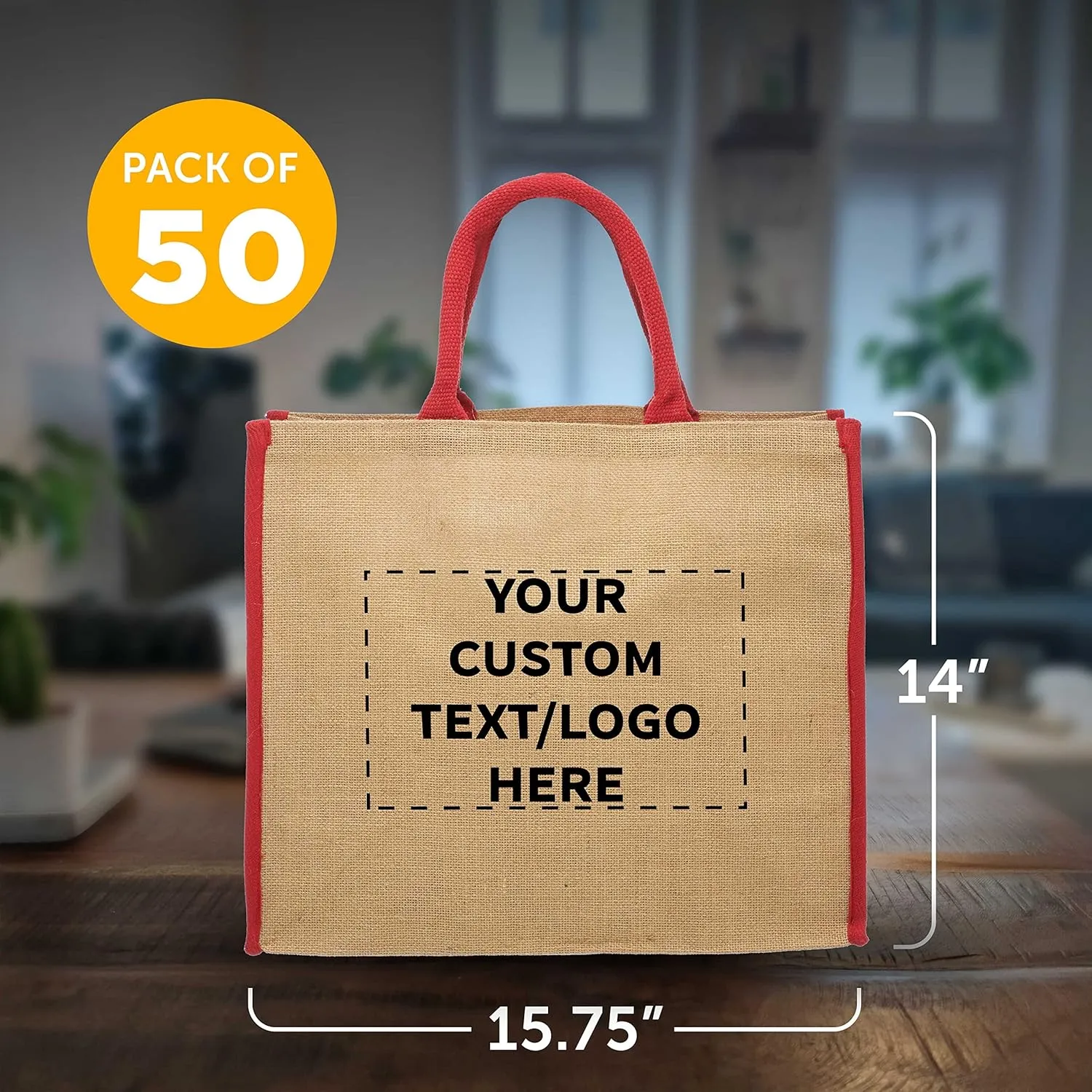 DISCOUNT PROMOS Custom Fresno Eco Friendly Jute Tote Bags Set of 50, Personalized Bulk Pack - Reusable, Great for Tradeshows, Grocery, Shopping and Outdoor Events - Red