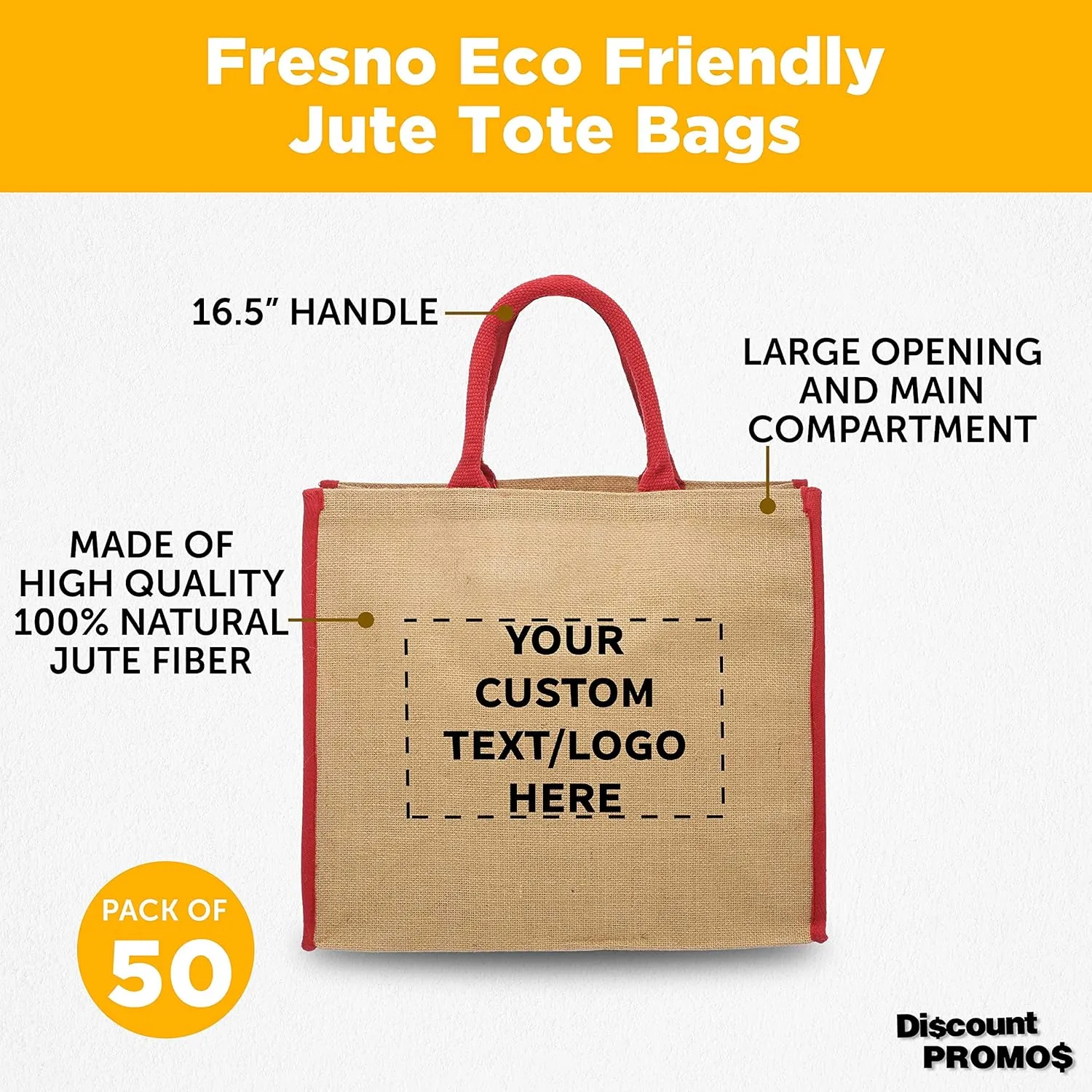DISCOUNT PROMOS Custom Fresno Eco Friendly Jute Tote Bags Set of 50, Personalized Bulk Pack - Reusable, Great for Tradeshows, Grocery, Shopping and Outdoor Events - Red