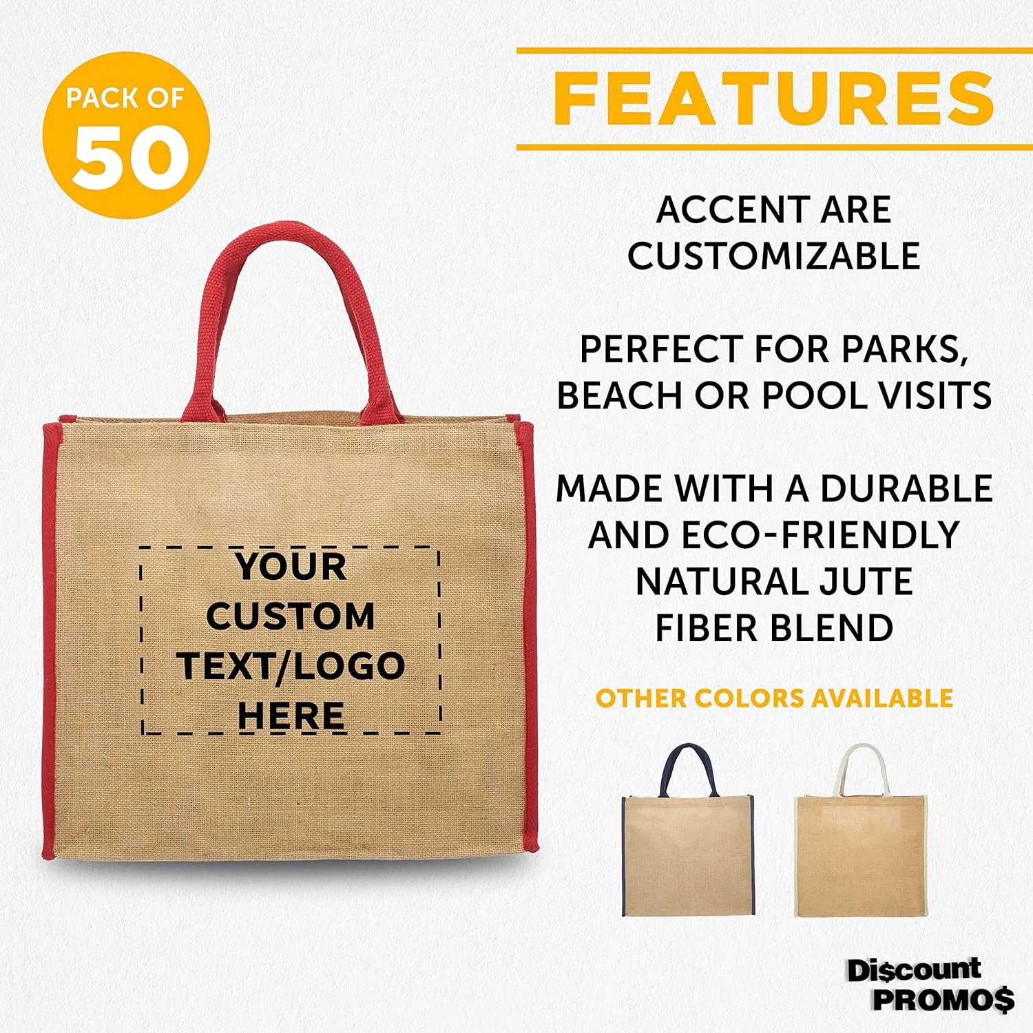 DISCOUNT PROMOS Custom Fresno Eco Friendly Jute Tote Bags Set of 50, Personalized Bulk Pack - Reusable, Great for Tradeshows, Grocery, Shopping and Outdoor Events - Red
