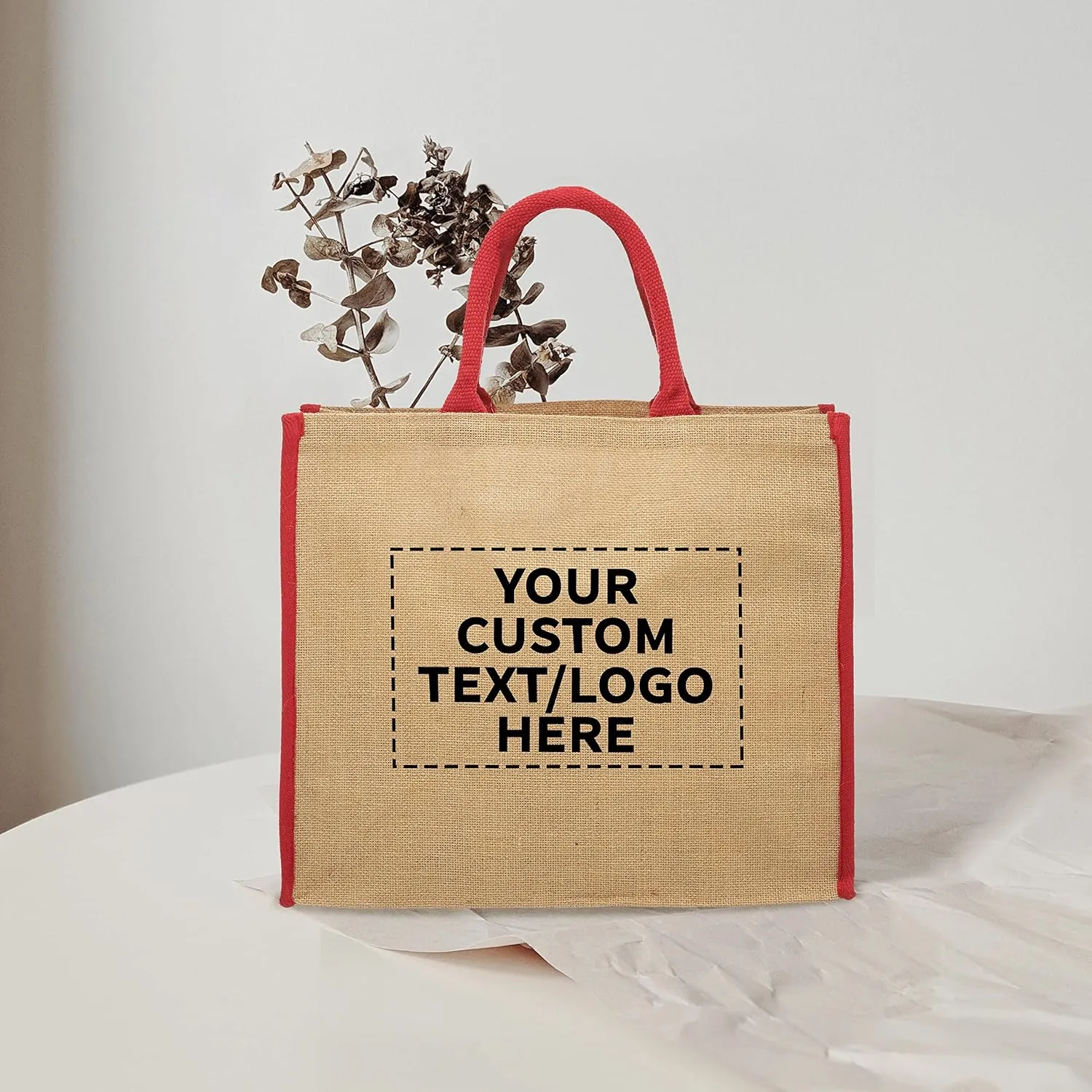 DISCOUNT PROMOS Custom Fresno Eco Friendly Jute Tote Bags Set of 50, Personalized Bulk Pack - Reusable, Great for Tradeshows, Grocery, Shopping and Outdoor Events - Red
