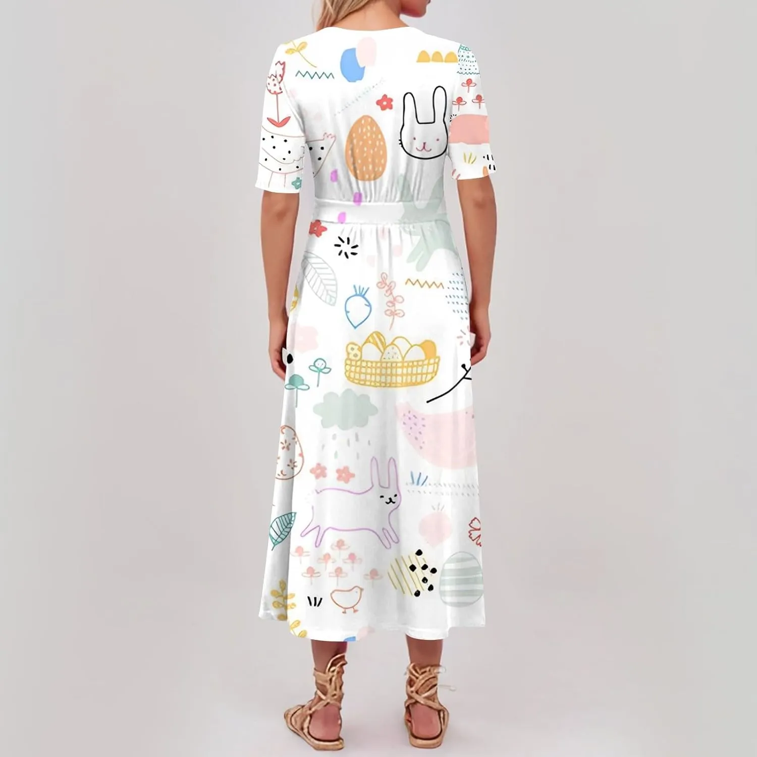 Easter Dress for Women Long Hem Short Sleeve Maxi Easter Bunny Outdoor Activities Cocktail Dresses Sweet Fairy Tale Clothes