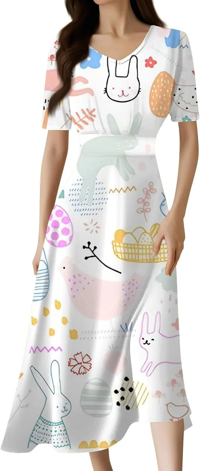 Easter Dress for Women Long Hem Short Sleeve Maxi Easter Bunny Outdoor Activities Cocktail Dresses Sweet Fairy Tale Clothes