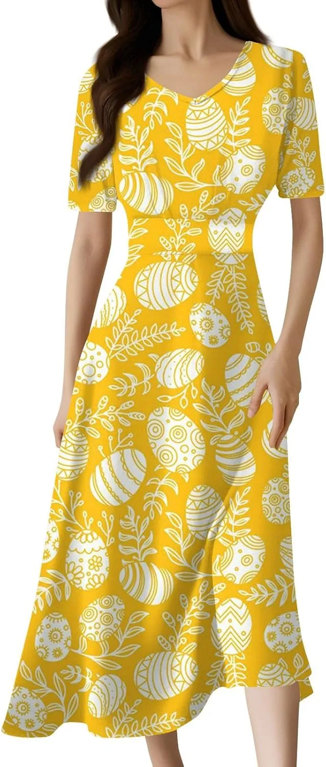Easter Dress for Women Long Hem Short Sleeve Maxi Easter Bunny Outdoor Activities Cocktail Dresses Sweet Fairy Tale Clothes