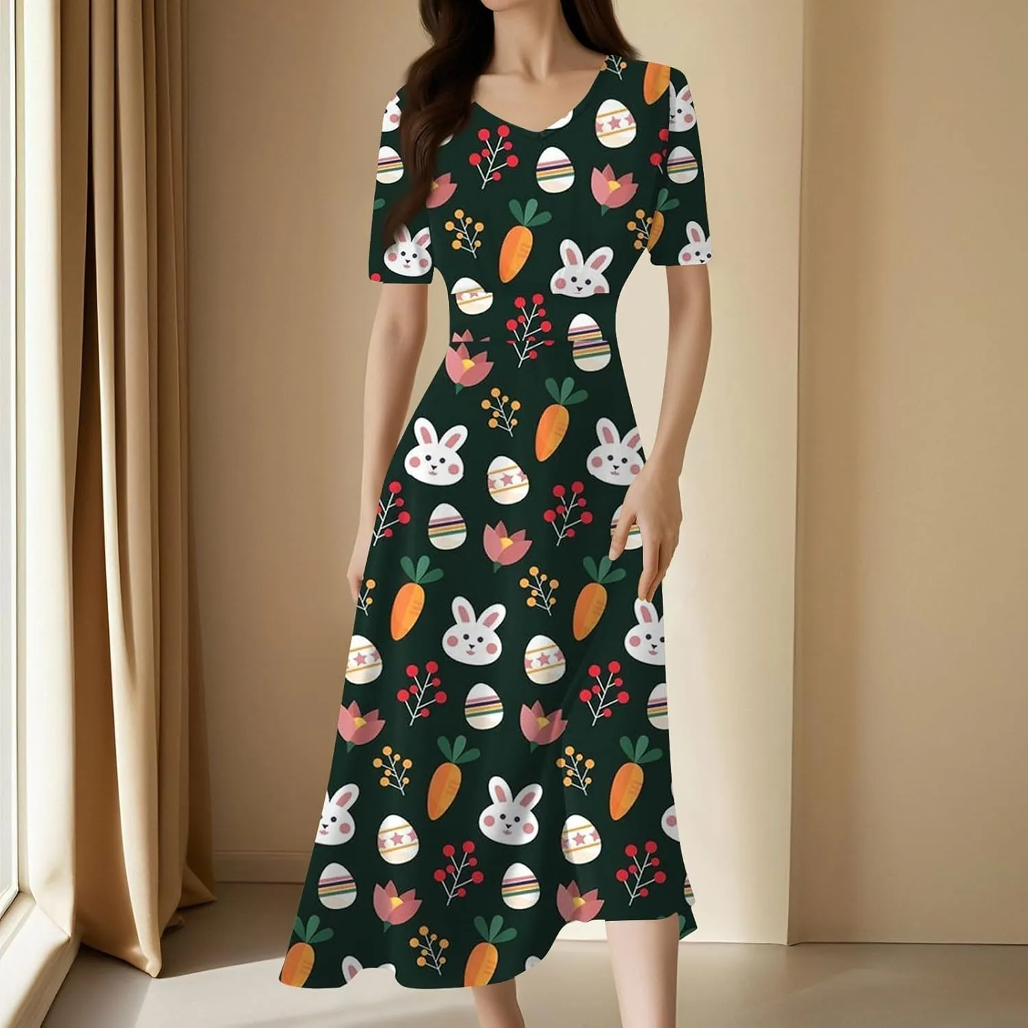Easter Dress for Women Long Hem Short Sleeve Maxi Easter Bunny Outdoor Activities Cocktail Dresses Sweet Fairy Tale Clothes