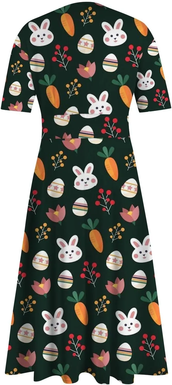 Easter Dress for Women Long Hem Short Sleeve Maxi Easter Bunny Outdoor Activities Cocktail Dresses Sweet Fairy Tale Clothes